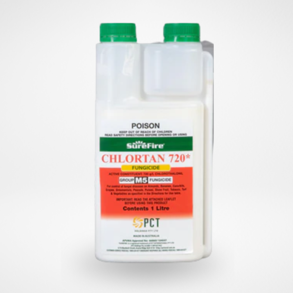 SureFire Chlortan 720 Fungicide 1L dual neck bottle with green caps on a white background