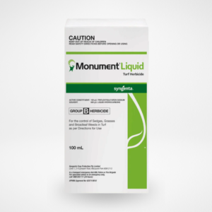 Monument Liquid Turf Herbicide 100 mL by Syngenta, boxed product for control of sedges, grasses and broadleaf weeds in turf
