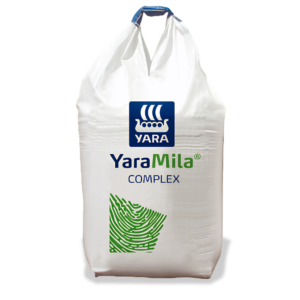 White YaraMila Complex bulk bag with blue Yara Viking‑ship logo and green fingerprint motif — 25kg premium 12‑5‑15 NPK lawn, turf and crop fertiliser from Garden Nursery Products.