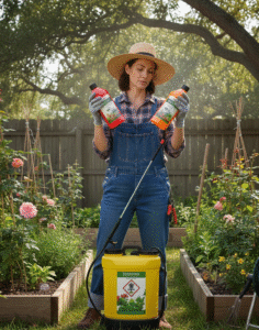 female gardener holding 2 bottles