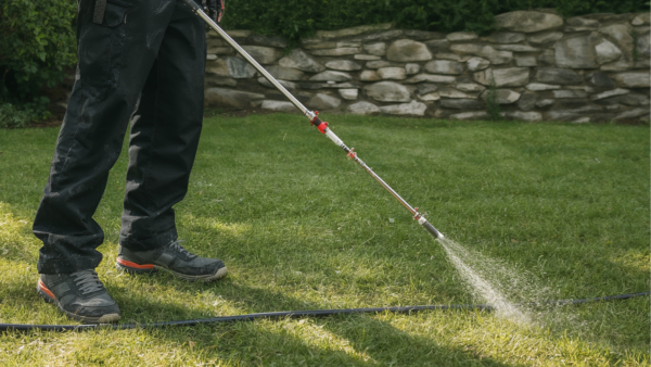 Spot spraying weeds in a lawn during autumn