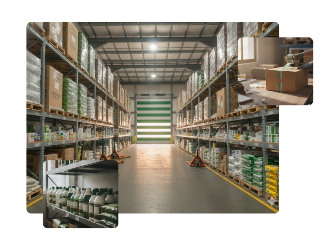 Cardboard boxes packed and ready for dispatch in a garden and lawn care products warehouse
