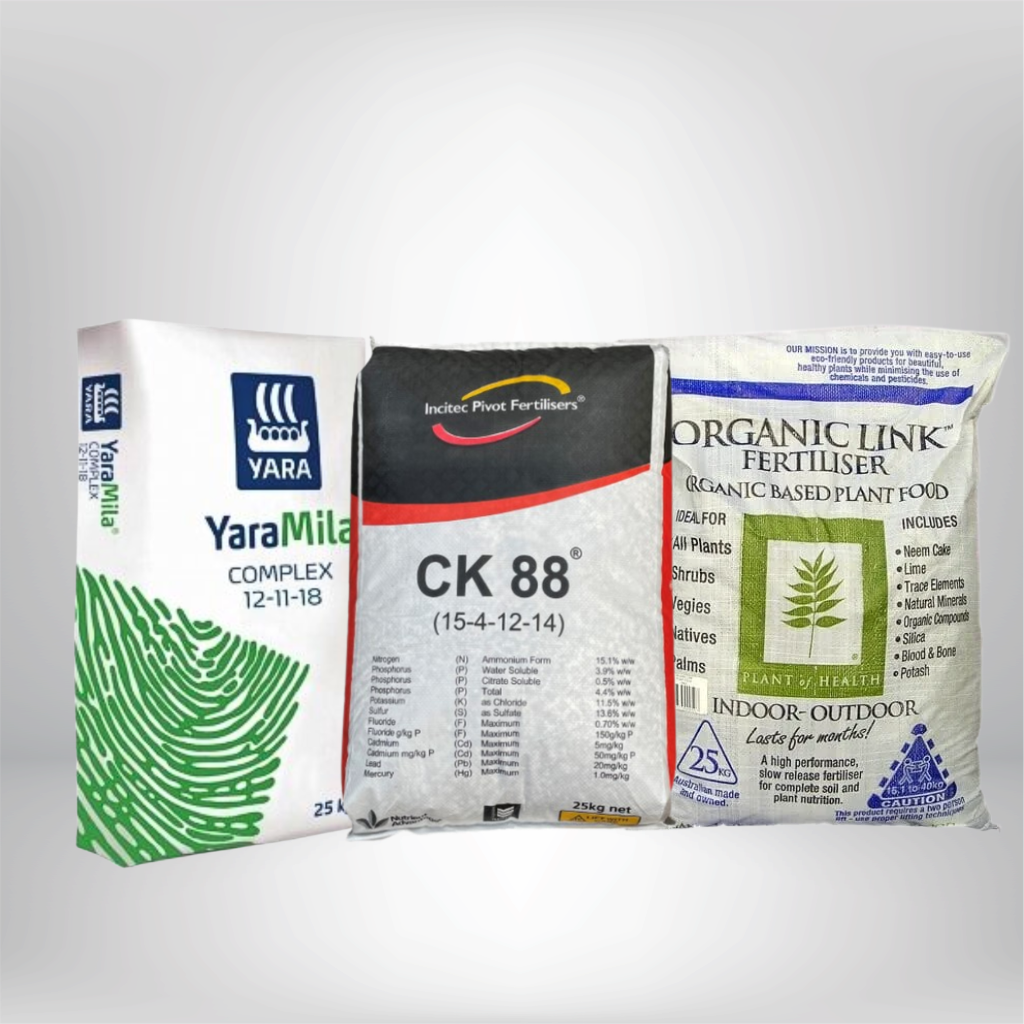 Lawn and garden fertilisers including YaraMila, CK 88 and Organic Link fertiliser