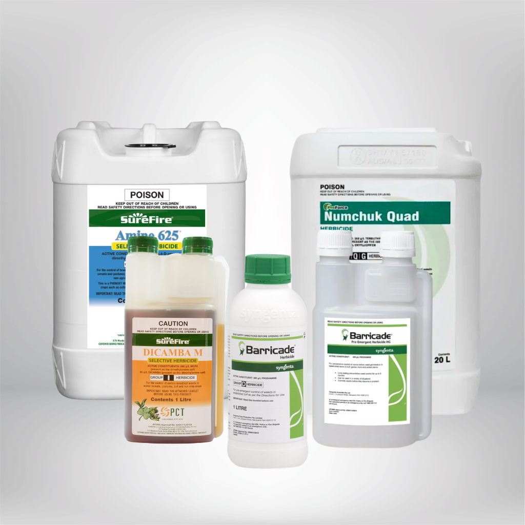 Herbicide products including SureFire, Dicamba M, Barricade and Numchuk Quad weed control