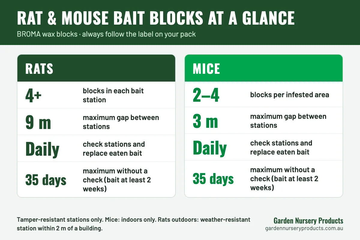 Infographic comparing BROMA rat and mouse bait block amounts, station spacing, daily checks and the 35-day limit